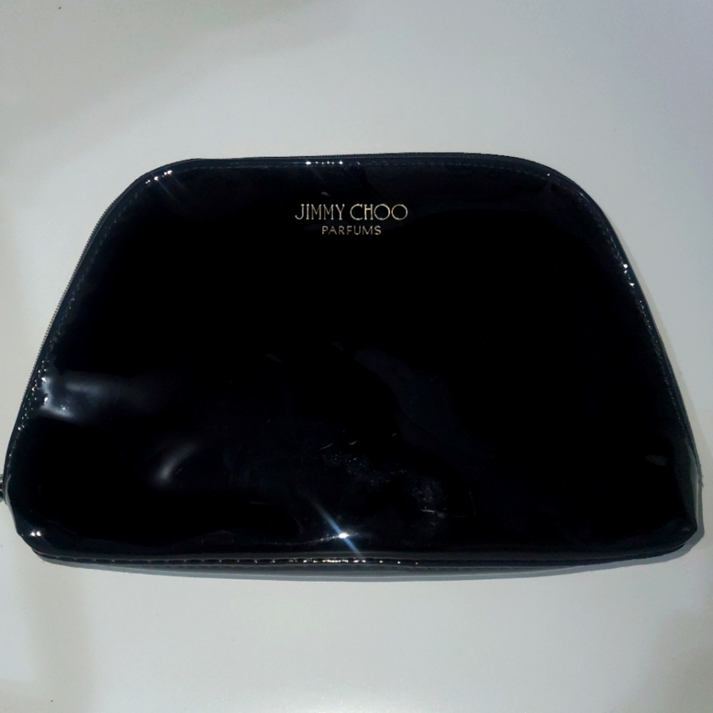 NWOT Jimmy Choo Parfums Toiletry Makeup Cosmetic Patent Gold logo Black Bag